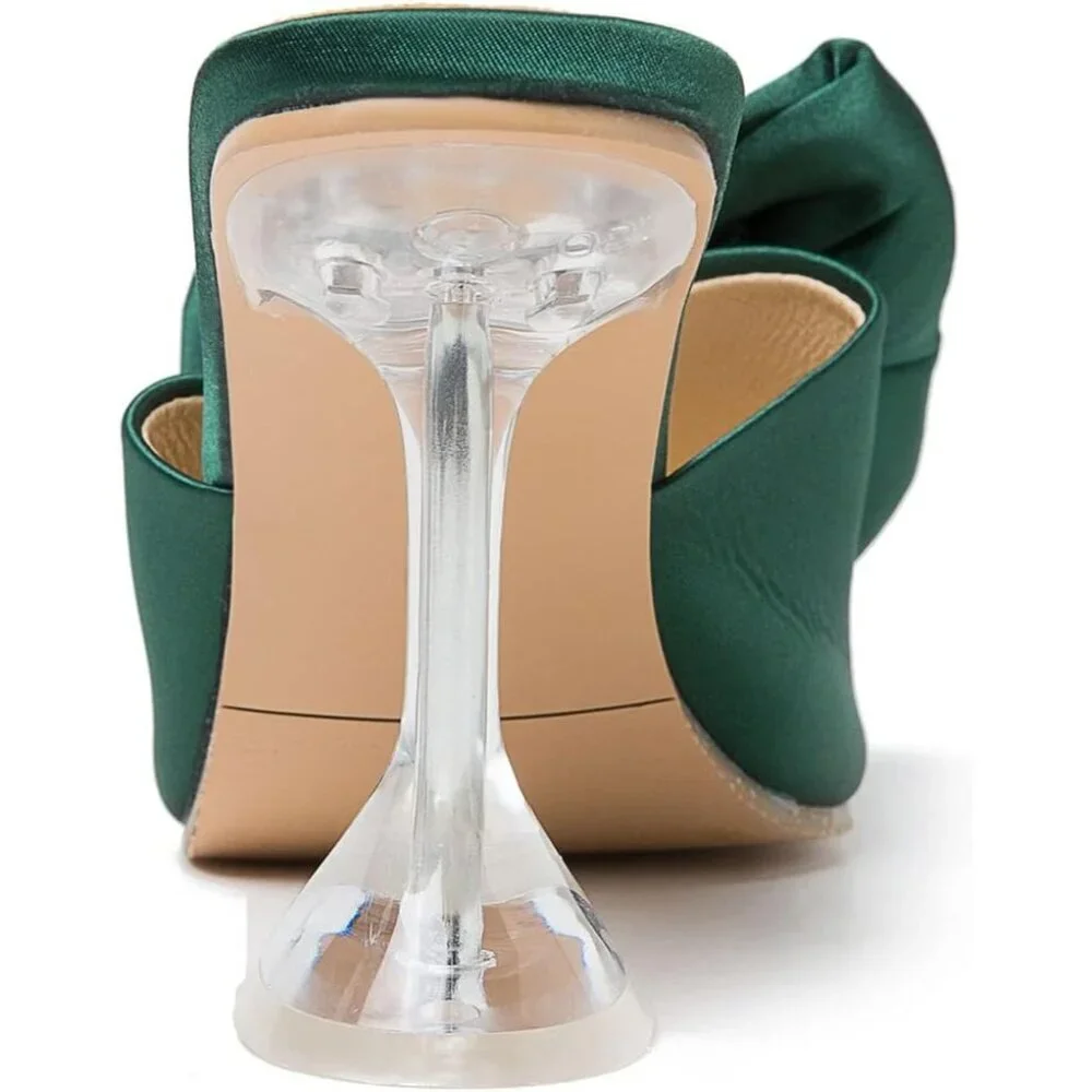 Women's Bow High Heels Mules Dress Sandals Slip On Party Wedding Bridal Green